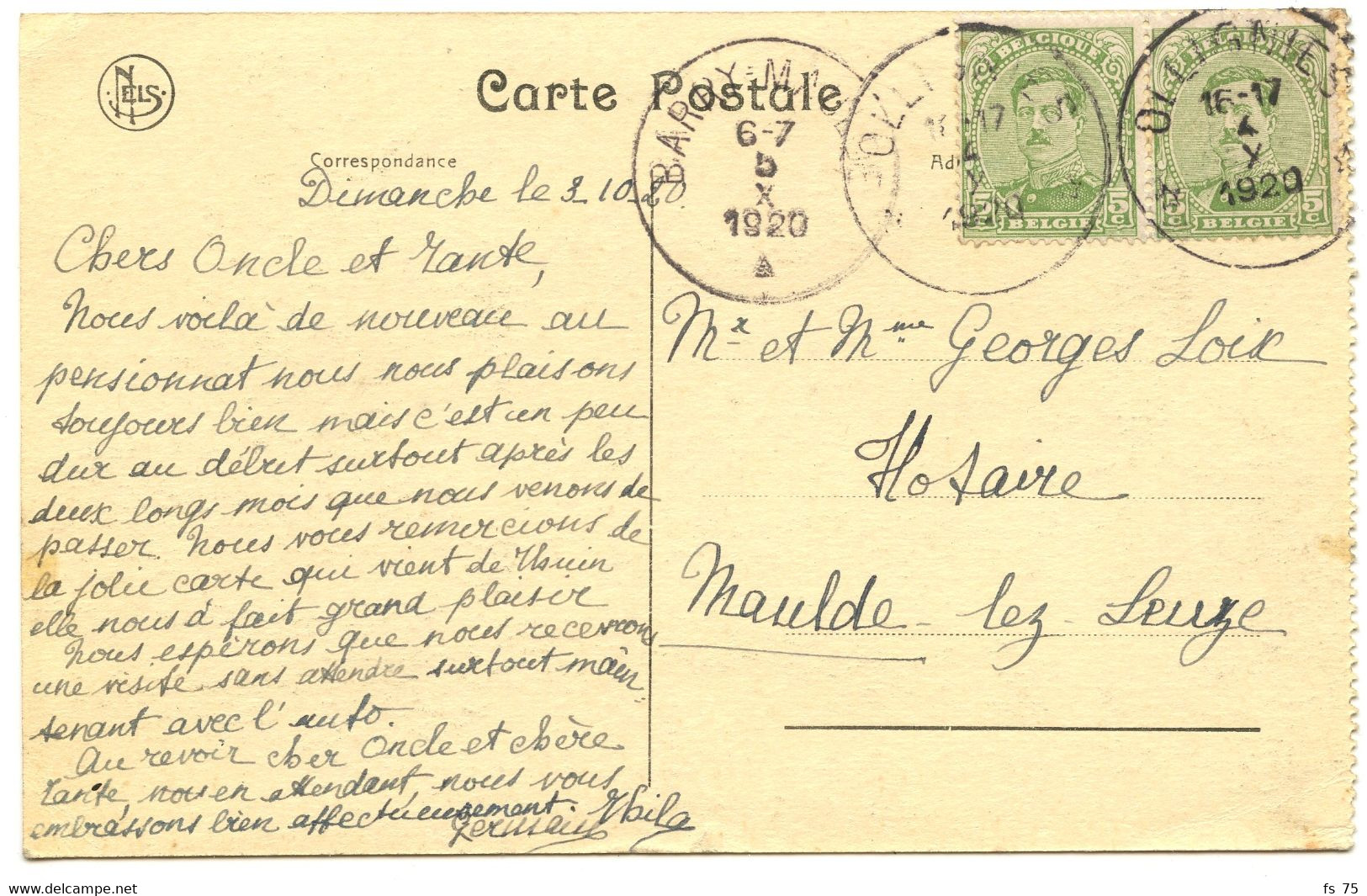 BELGIQUE - COB 137X2 SIMPLE CERCLE RELAIS A ETOILES OLLIGNIES SUR CARTE POSTALE, 1920 - Cachets à étoiles