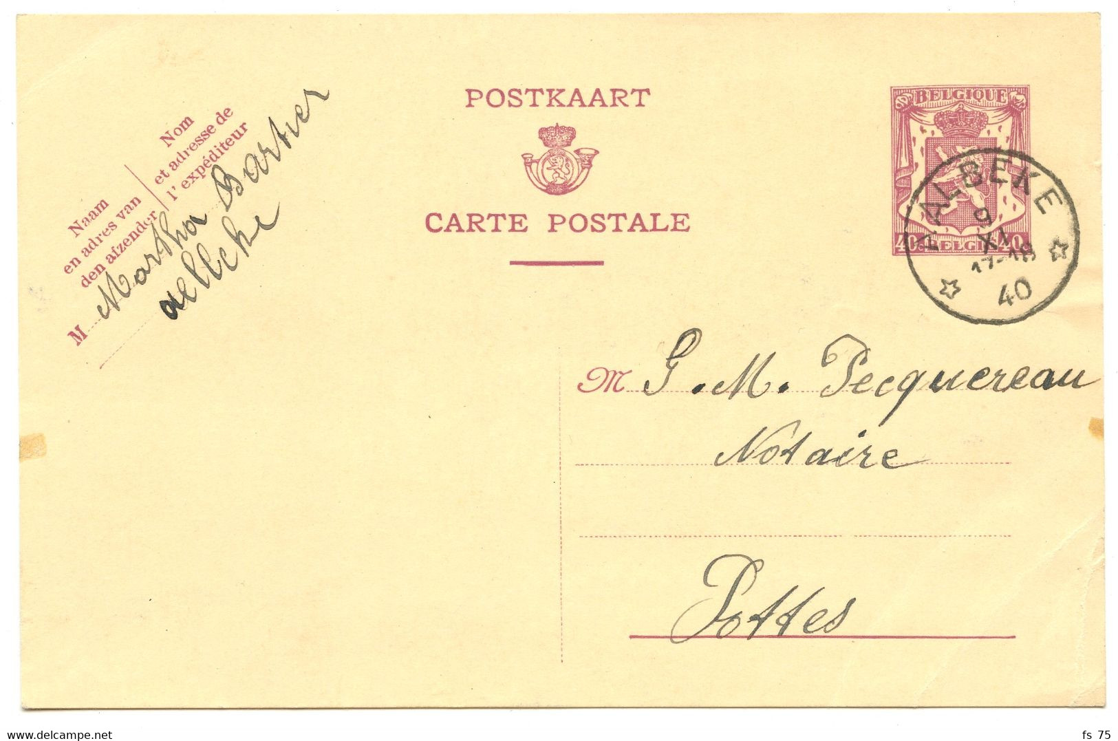 BELGIQUE - SIMPLE CERCLE RELAIS A ETOILES AALBEKE SUR ENTIER CARTE POSTALE 40C LION HERALDIQUE, 1940 - Postmarks With Stars