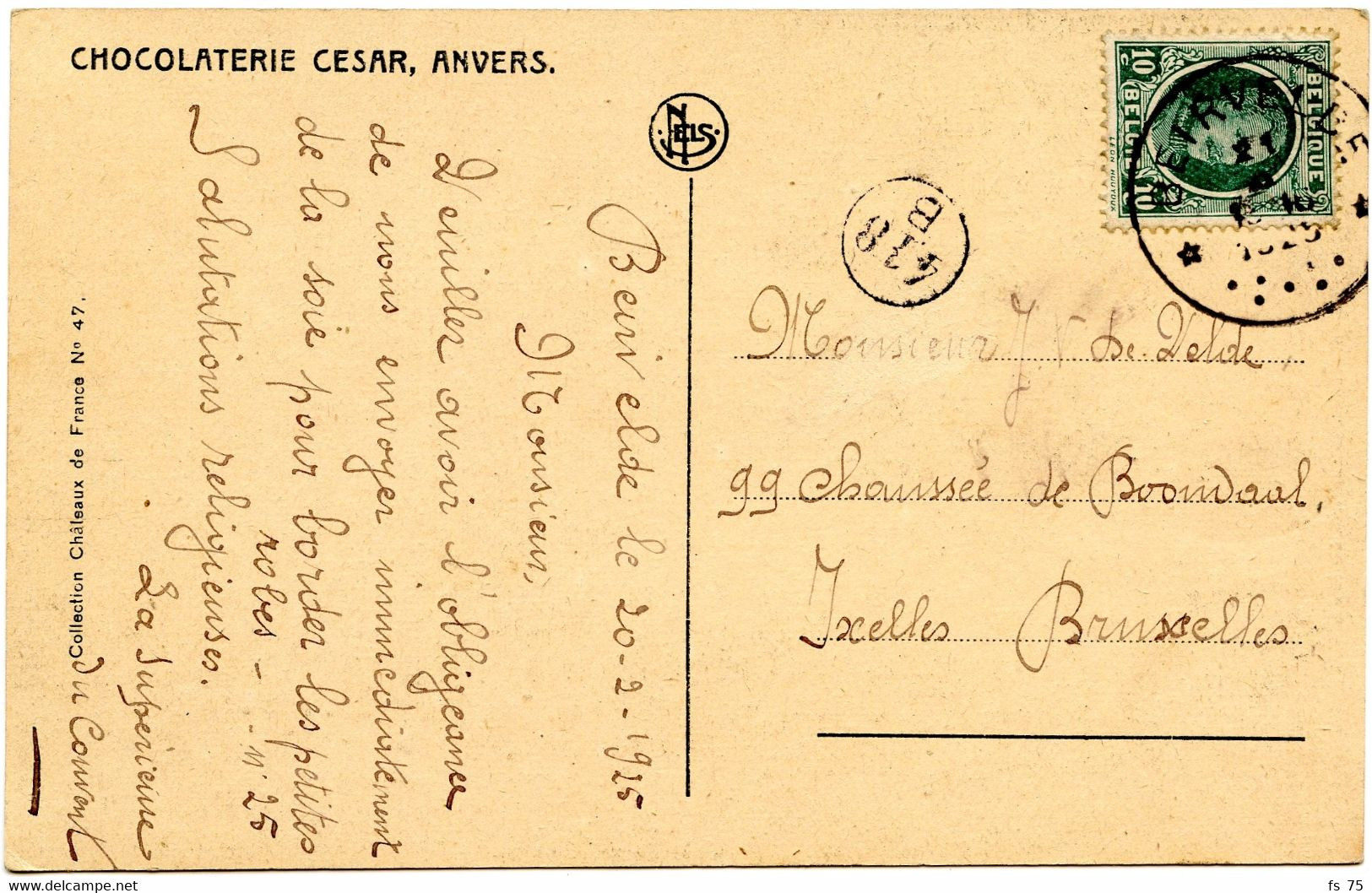 BELGIQUE - COB 14 SIMPLE CERCLE RELAIS A ETOILES BEIRVELDE SUR  CARTE POSTALE, 1925 - Sellos Con Estrellas