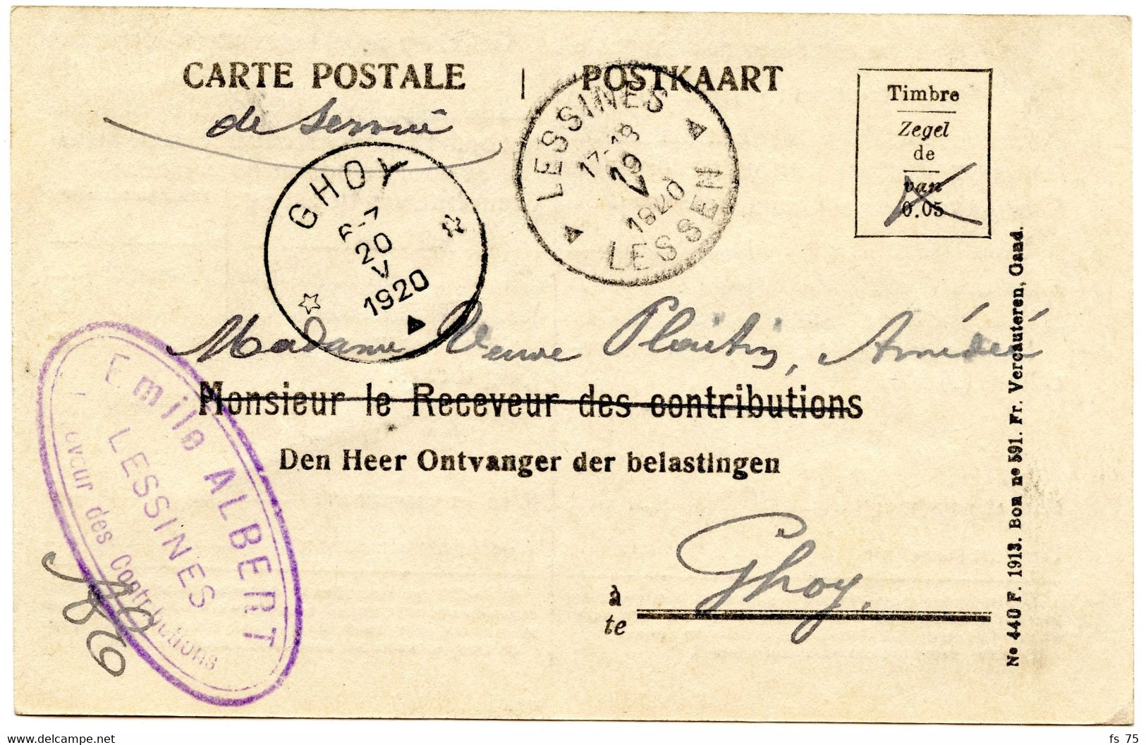BELGIQUE - SIMPLE CERCLE RELAIS A ETOILES GHOY EN ARRIVEE SUR CARTE DE SERVICE DE LESSINES, 1920 - Postmarks With Stars