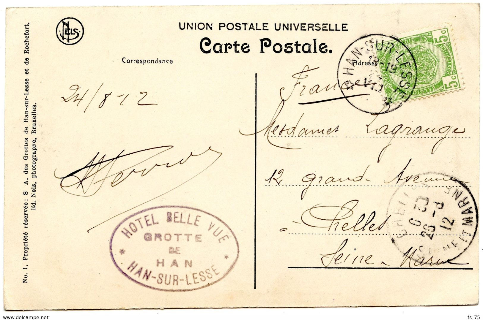 BELGIQUE - COB 83 SIMPLE CERCLE RELAIS A ETOILES HAN-SUR-LESSE SUR CARTE POSTALE, 1912 - Bolli A Stelle