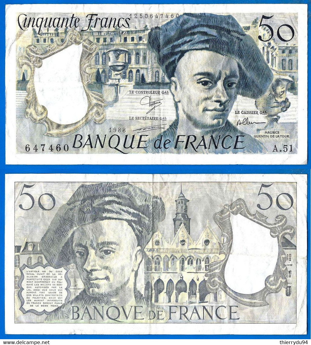 France 50 Francs 1988 Alphabet A 51 Quentin Frcs Frc Paypal Bitcoin Crypto OK - 50 F 1976-1992 ''Quentin De La Tour''