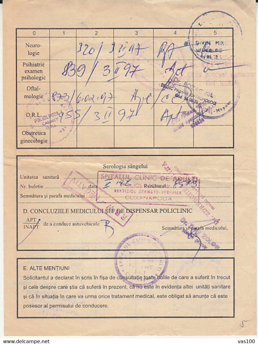 REVENUE STAMP ON MEDICAL CONSULTATION SHEET, 1997, ROMANIA - Steuermarken