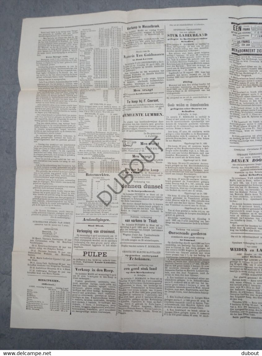 Krant/Journal - Diest - 1881 - De Dyle- En Demerbode - 4p - Druk A. Havermans, Diest  (V1220) - Informations Générales