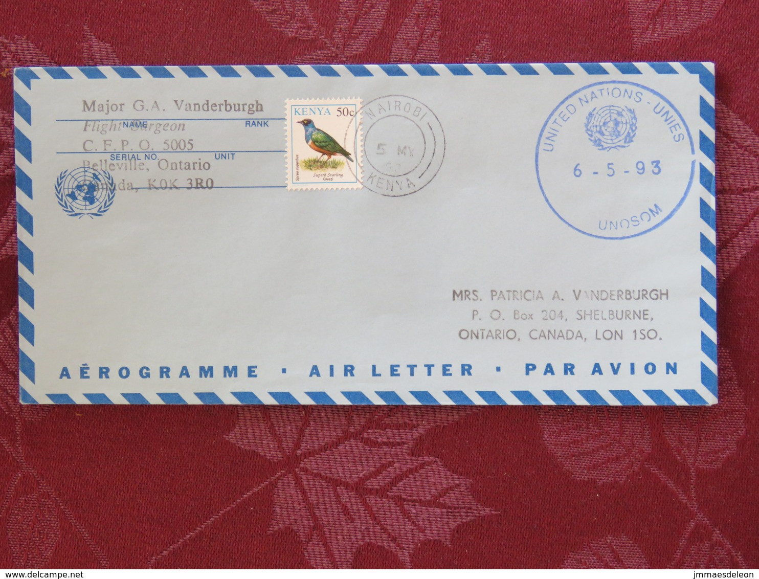 Canada 1993 Aerogramme From Troops In United Nations (UNOSOM) Mission In Somalia (CFPO-BPFO) To Ontario - Bird - Brieven En Documenten