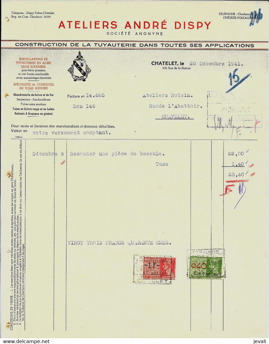 CHATELET   Ateliers André Dispy  SA  -   1941 - Other & Unclassified