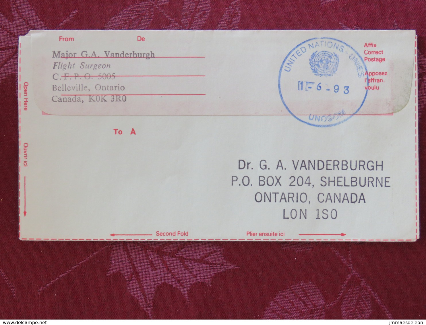 Canada 1993 Cover From Troops In United Nations (UNOSOM) Mission In Somalia (CFPO-BPFO) To Ontario - Brieven En Documenten