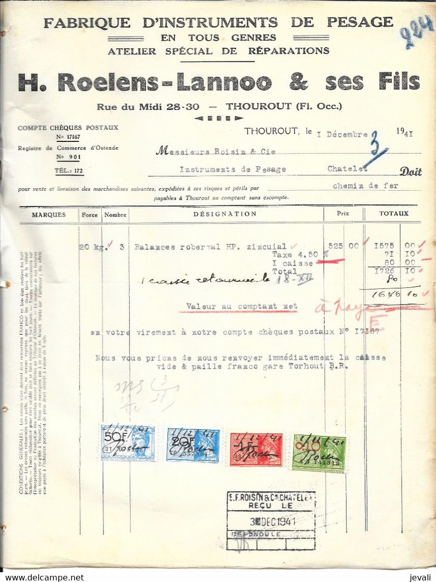 THOUROUT   H.Roelens-Lanoo & Ses Fils  ( Pesage ) -   1941 - Andere & Zonder Classificatie