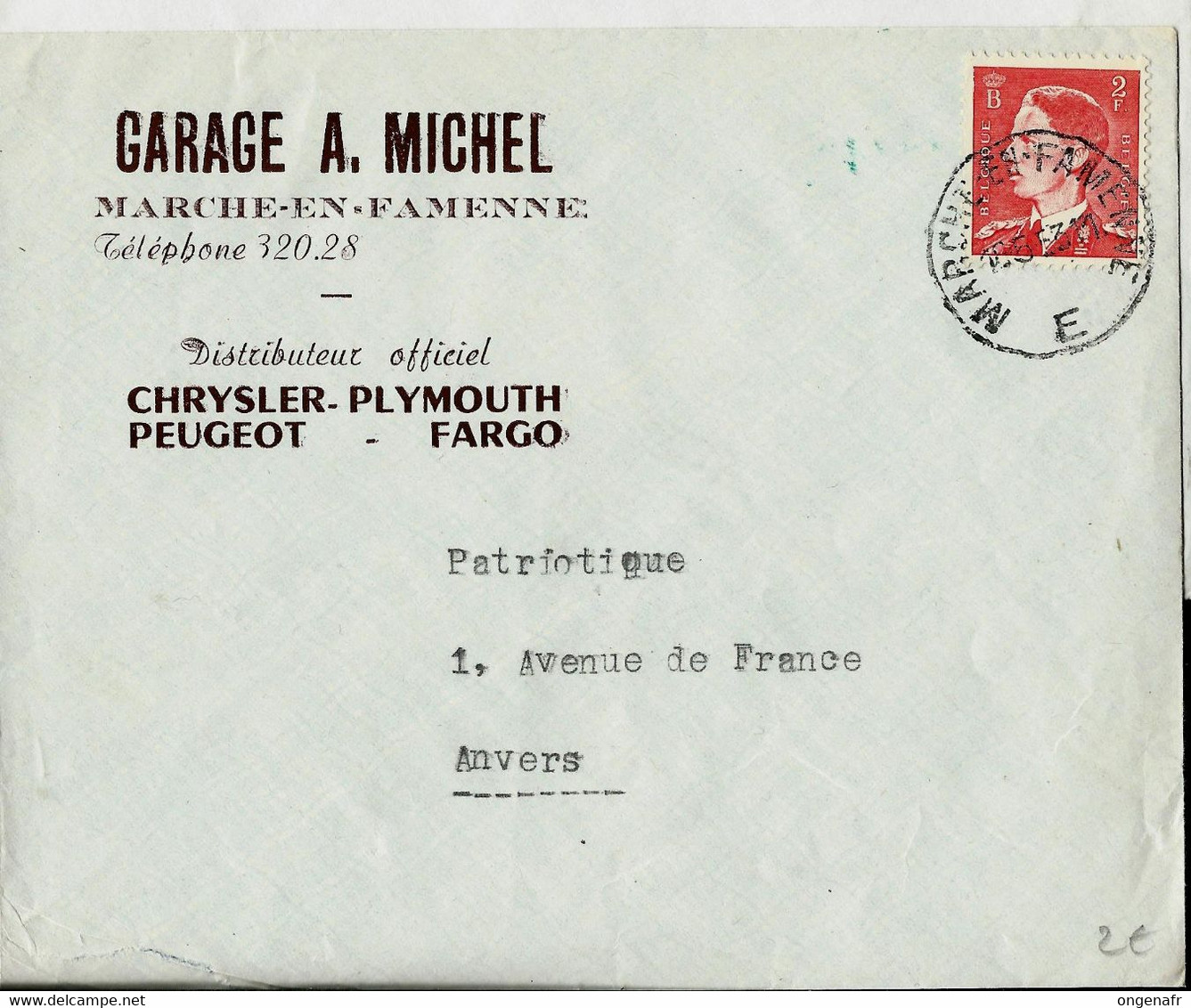 Lettre Entière Obl. MARCHE - EN - FAMENNE - E - 1/05/53  ( Garage A. Michel - Chrysler - Peugeot - Fargo ) - Poste Rurale