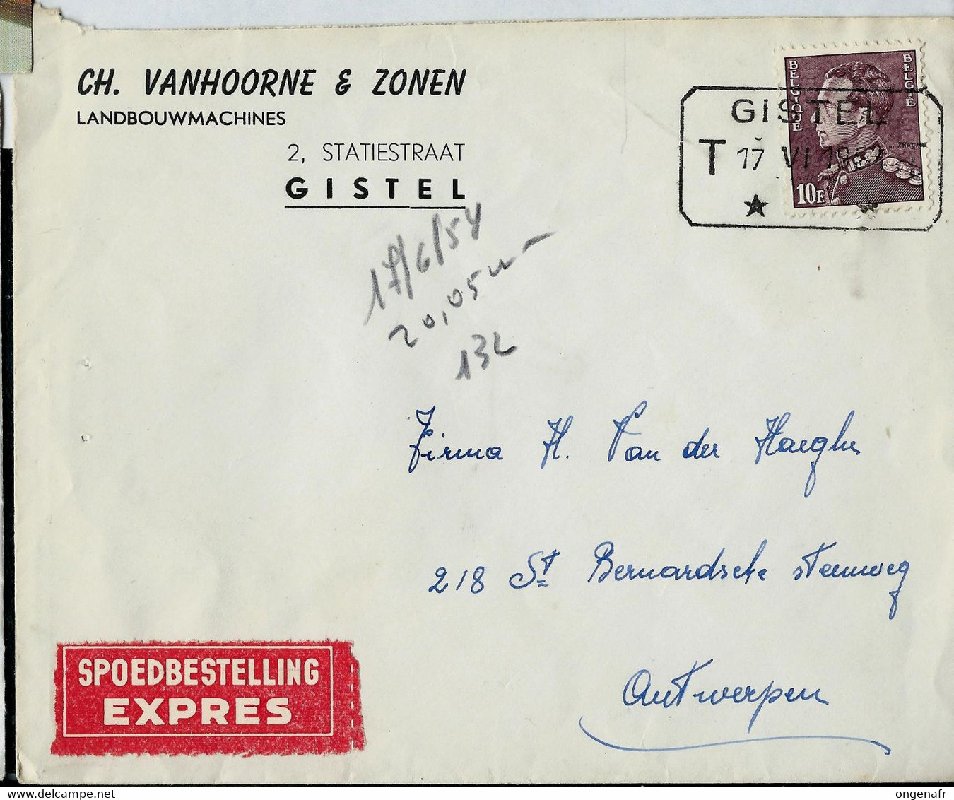 Lettre Entière Obl. GISTEL 17/06/54 ( Poortman) Par Expres - Telegraafzegels [TG]