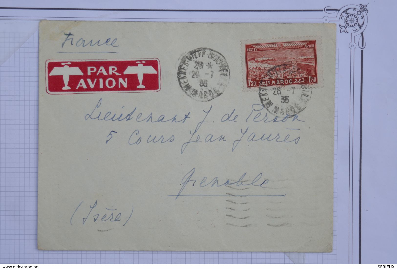 AQ 20 MAROC BELLE LETTRE   1935 MEKNES  POUR GRENOBLE  FRANCE +AEROPHILATELIE ++ AFFRANC.  INTERESSANT - Poste Aérienne