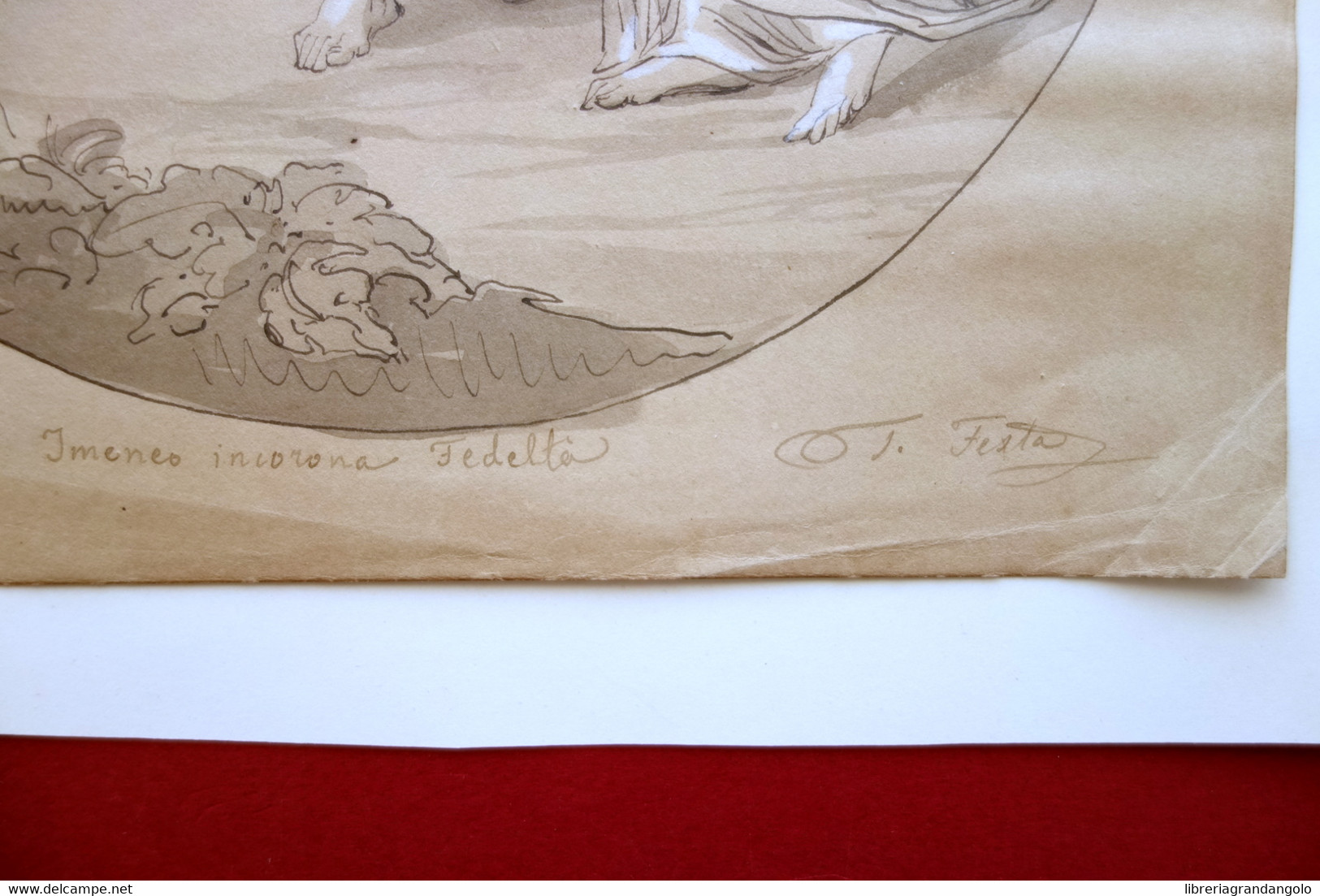 Disegno Originale China Acquerello Imeneo Incorona Fedeltà Firmato T. Festa '800 - Dessins