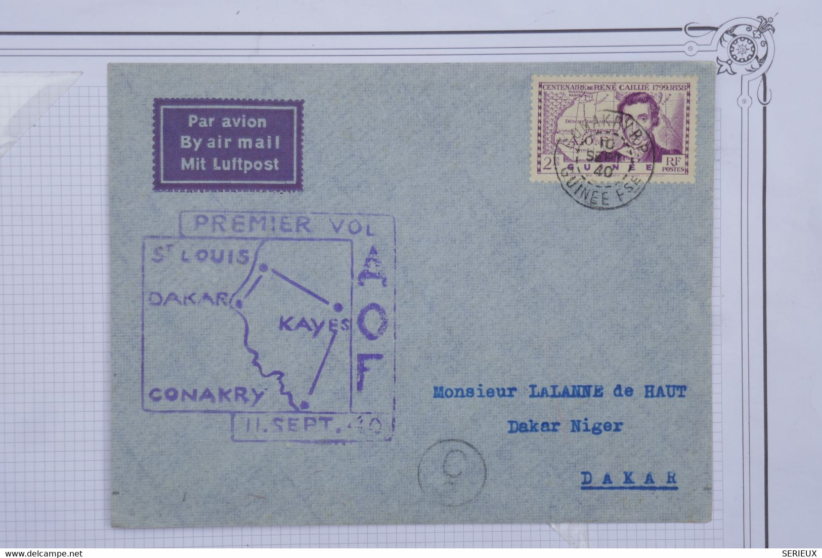 AQ 20 GUINEE BELLE LETTRE   1940 1ER VOL  CONAKRY POUR DAKAR  ++ +AEROPHILATELIE ++ AFFRANC.  PLAISANT - Covers & Documents