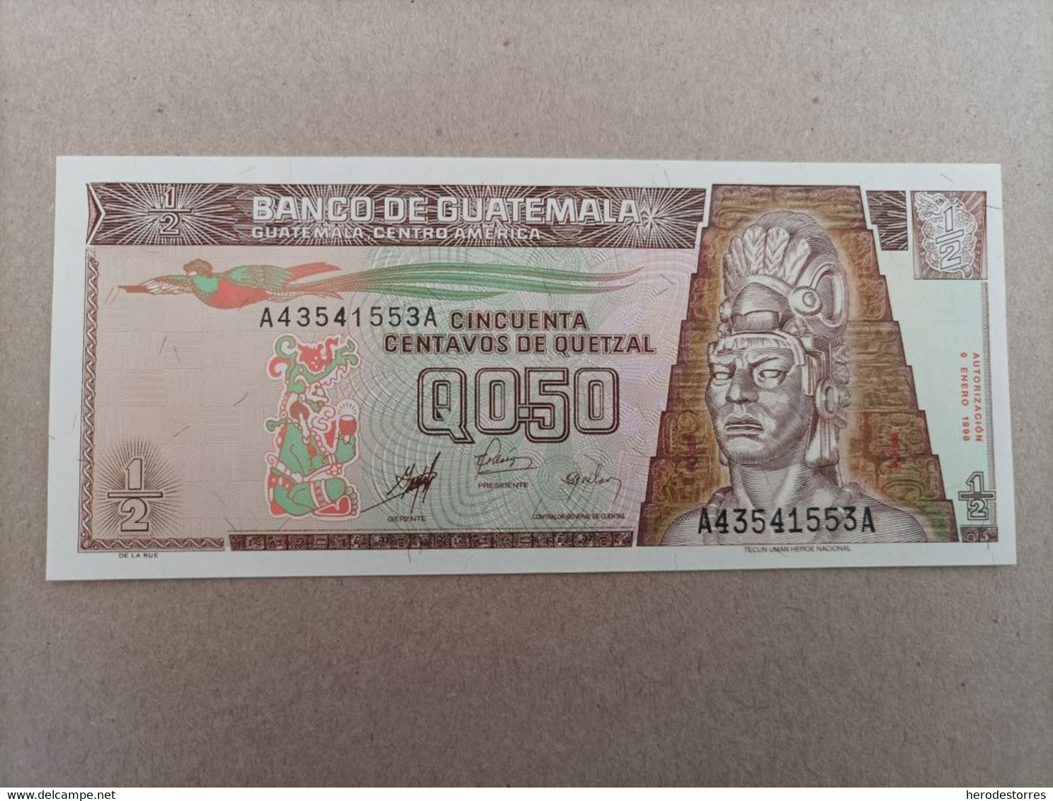 Billete De Guatemala De 50 Centavos De Quetzal Serie AA, UNC - Guatemala