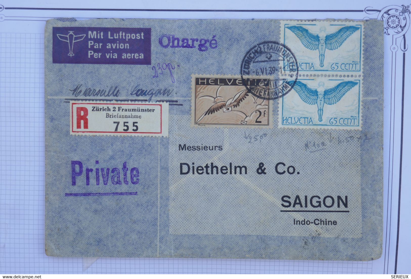 AQ 20 SUISSE  BELLE LETTRE RECOM.   1949  PAR AVION ZURICH  POUR  SAIGON INDOCHINA  ++++PAS COURANT ++ AFFRANC. PLAIANT - Other & Unclassified