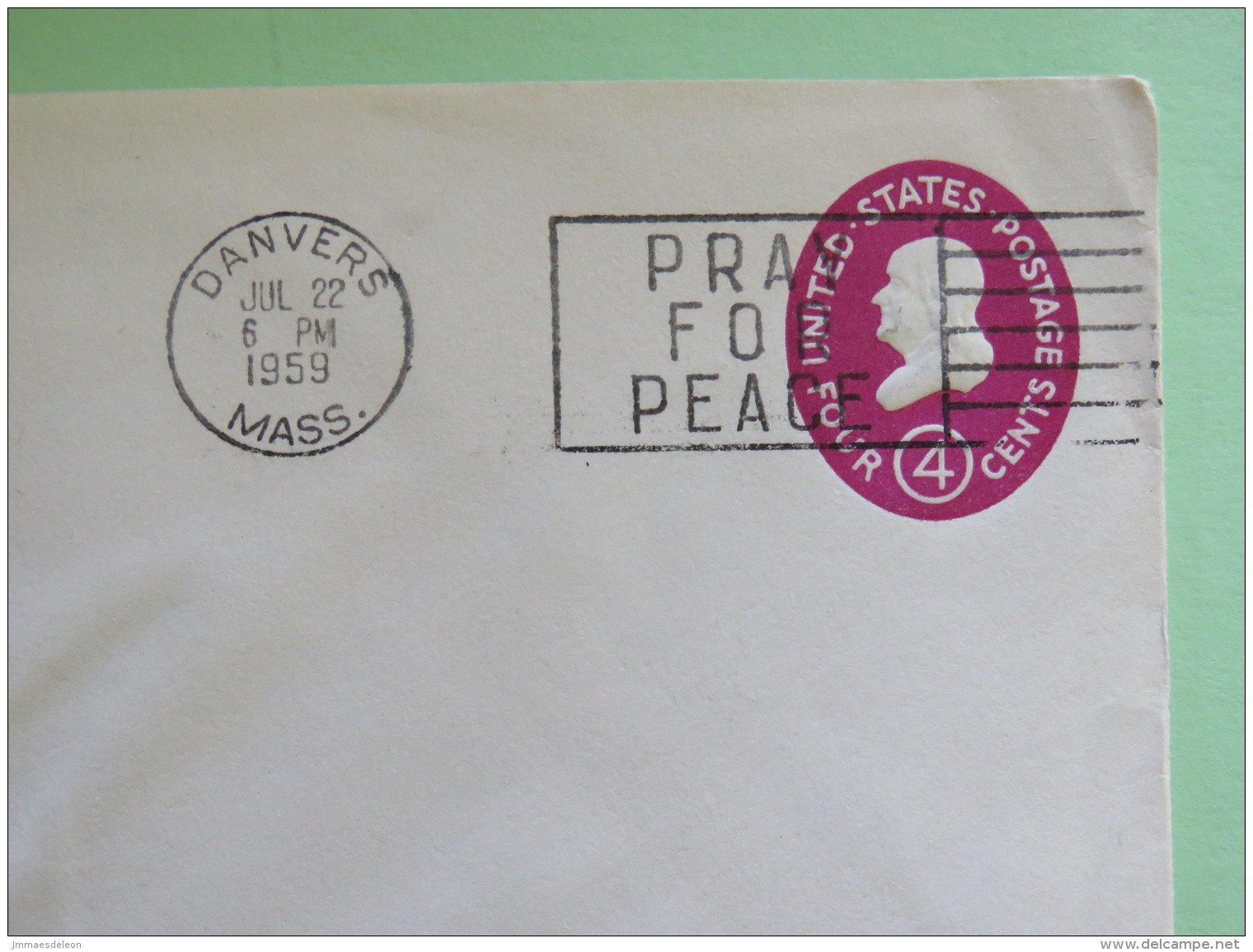 USA 1959 Stationery Cover Franklin 4 C From Danvers - Vulcan Electric Co. - Pray For Peace Slogan - 1941-60