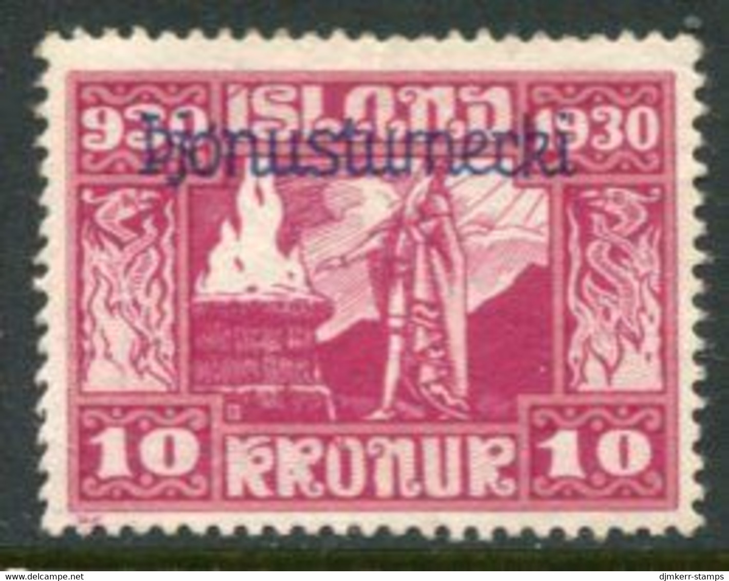 ICELAND 1930 Millenary Of Parliament 10 Kr,. Overprinted Official MNH / ** But May Be Regummed .  Michel Dienst 58 - Dienstmarken