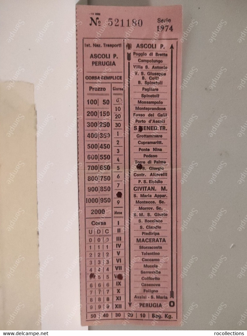 Italia Italy Bus Ticket ASCOLI PICENO S. BENEDETTO DEL TRONTO CIVITANOVA Marche MACERATA PERUGIA - Europe