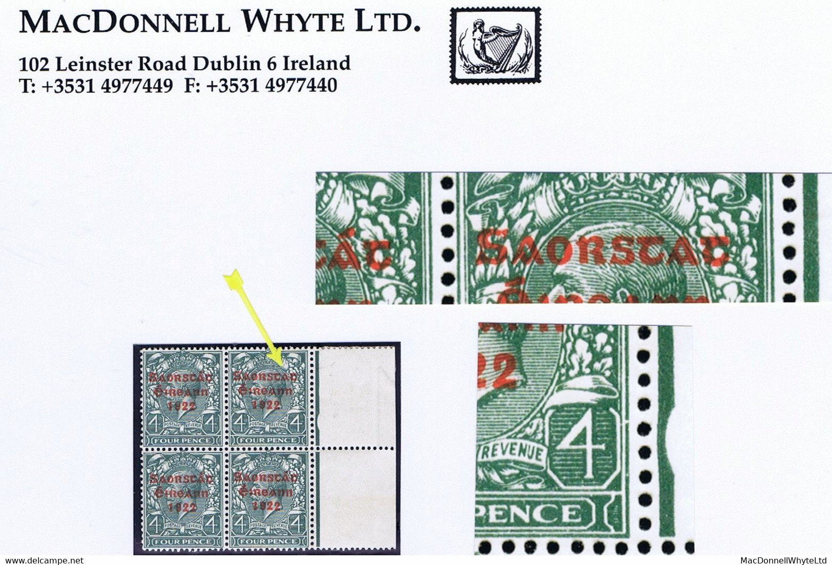Ireland 1922-23 Thom Saorstat 4d Error "Accent Missing" R15/12 In A Marginal Block Of 4 Mint, Stamps Unmounted - Ungebraucht