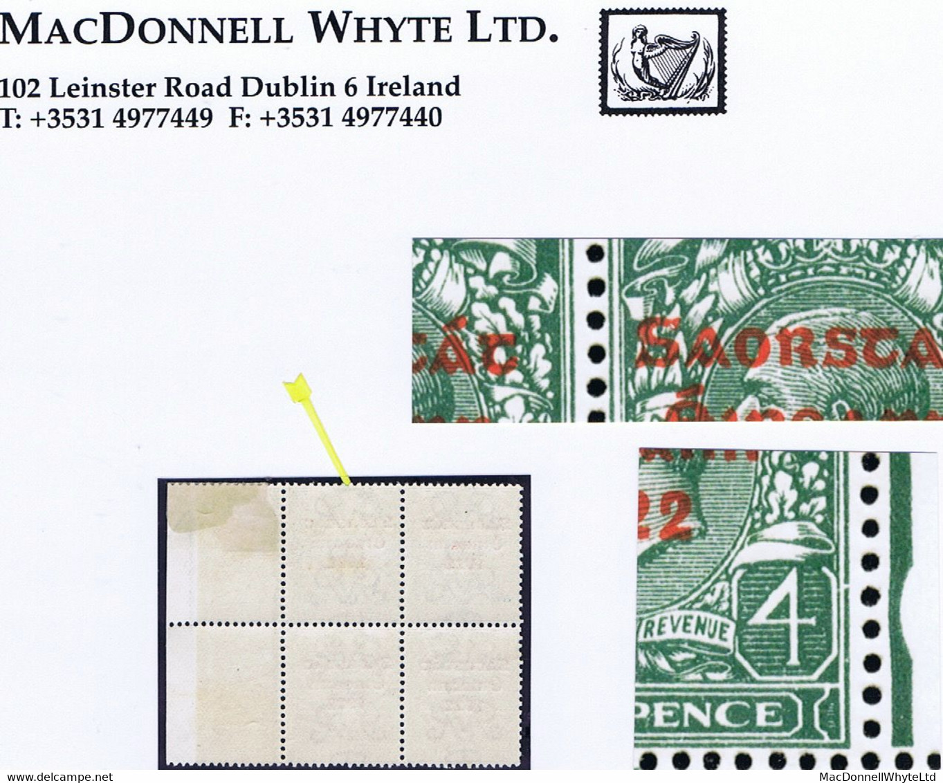 Ireland 1922-23 Thom Saorstat 4d Error "Accent Missing" R15/12 In A Marginal Block Of 4 Mint, Stamps Unmounted - Ungebraucht