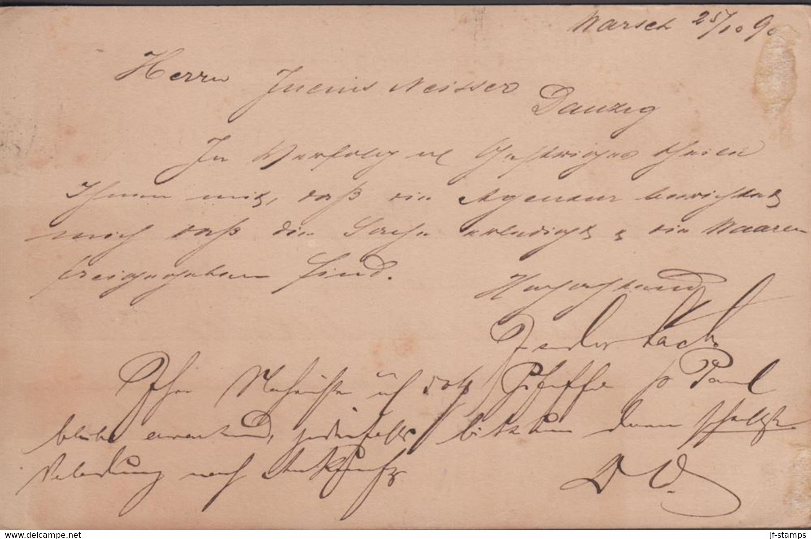 1890. POLSKA.  CARTE POSTAL 4 KOP From WARSZAVA To Danzig With Arrival Cancel DANZIG 26 10 90.  - JF430318 - Lettres & Documents