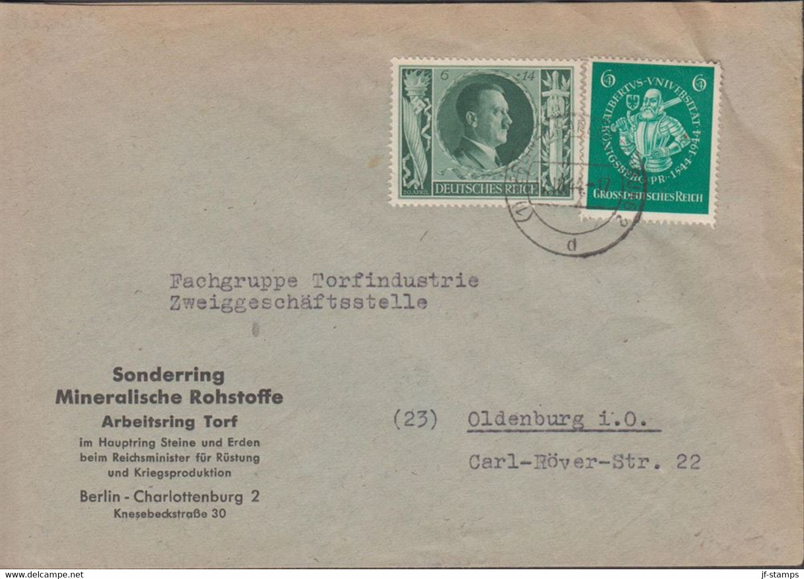 1944. DEUTSCHES REICH. 6+4 + 6+14 Pf Hitler On Cover Cancelled 17.10.44. Sender Sonderring M... (Michel 845+) - JF430371 - Heligoland (1867-1890)