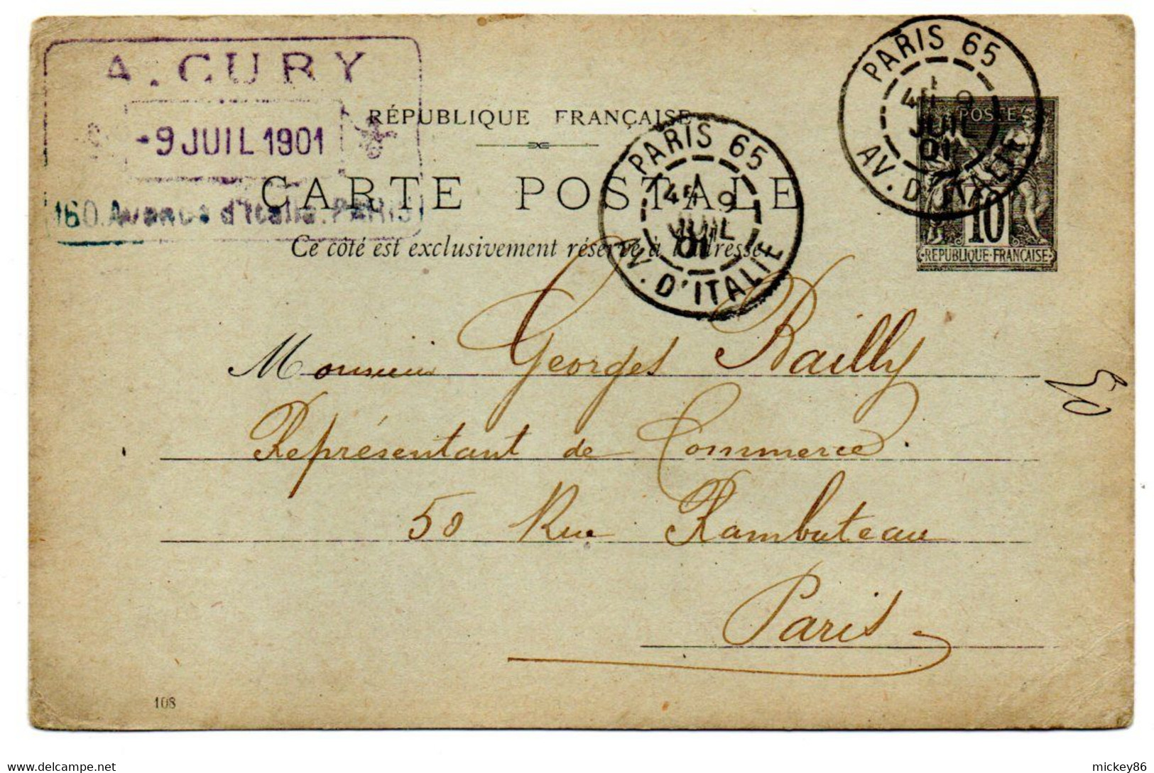 1901 -- Entier CP 10c Noir Type Sage Cachet  PARIS 65  Pour  PARIS-75...cachet  A.CURY..........à  Saisir - Cartes Postales Types Et TSC (avant 1995)