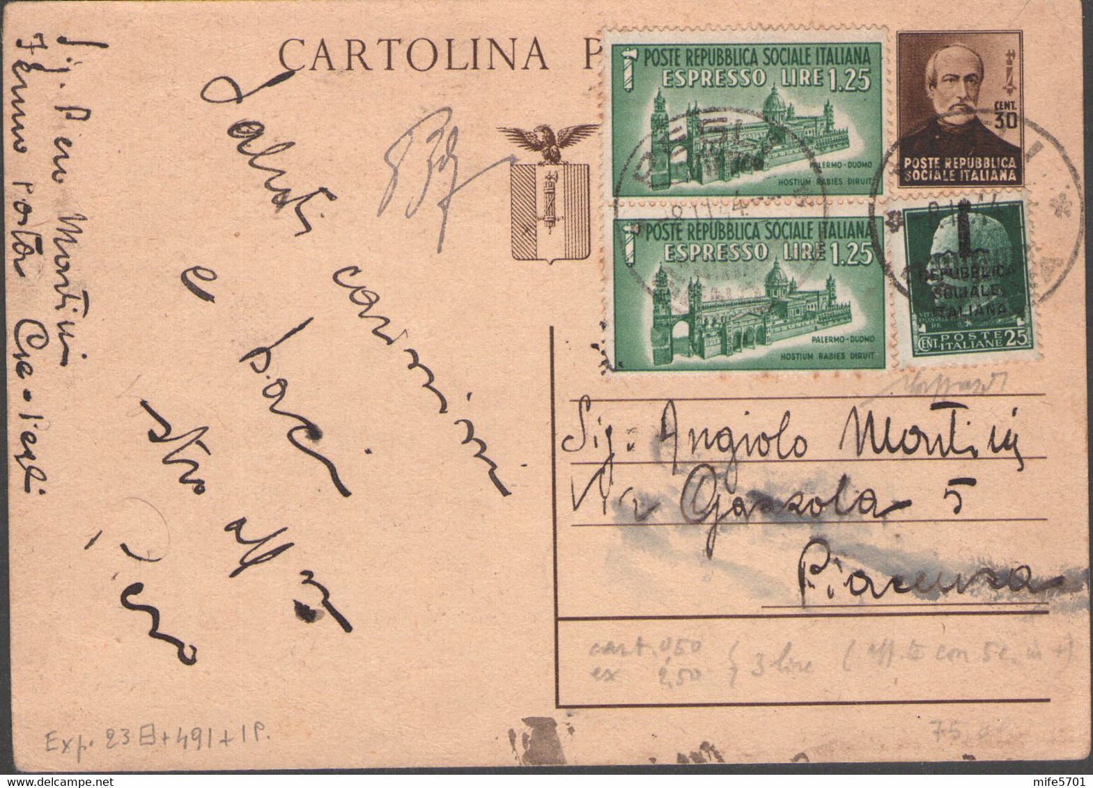 RSI INTERO POSTALE GIUSEPPE MAZZINI + 2 ESPRESSI 'DUOMO DI PALERMO' PEGLI 8.11.1944 - FILAGRANO C112 + SASSONE E23 + 491 - Entiers Postaux