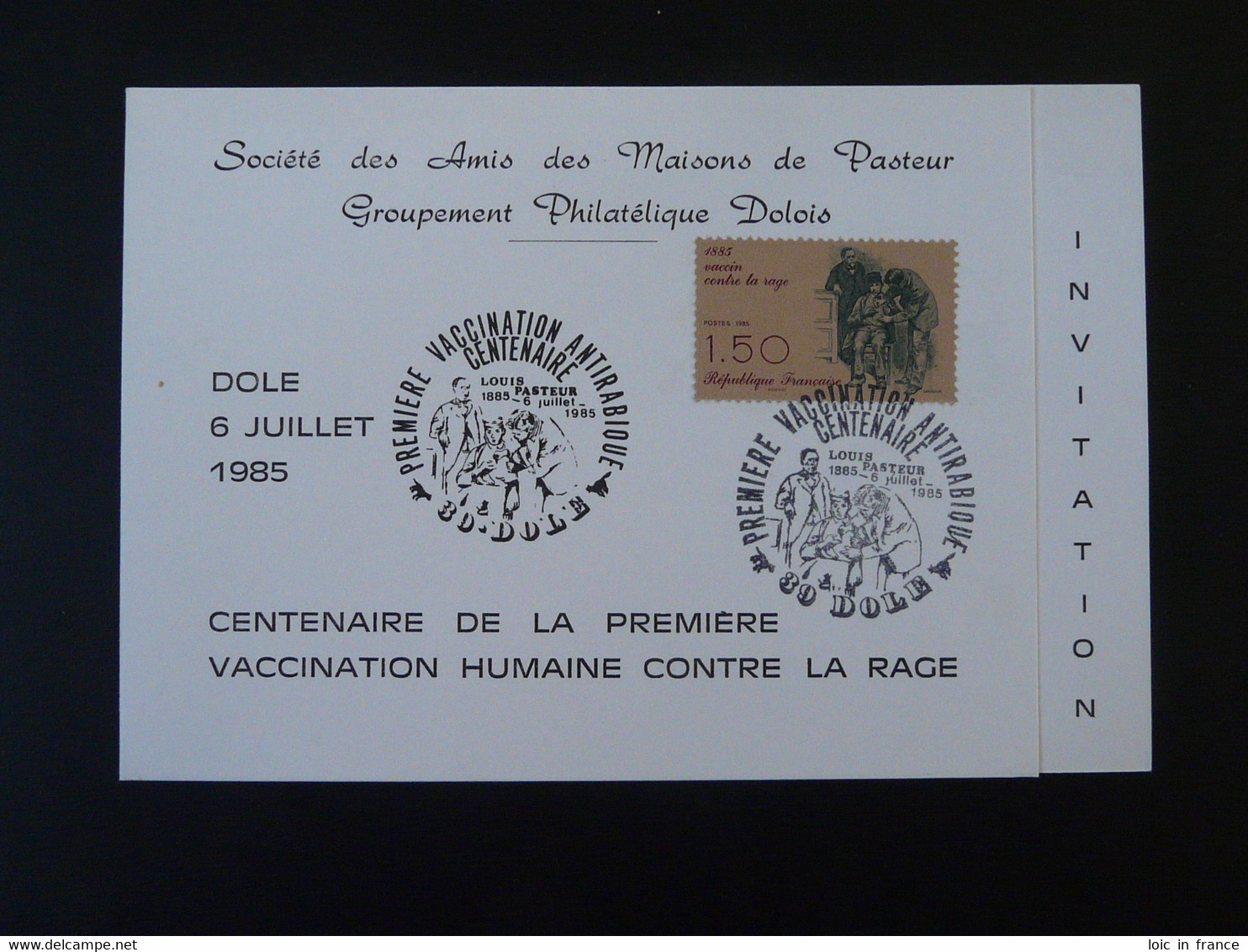 Carte D'invitation Card FDC Louis Pasteur Centenaire Vaccination Contre La Rage Dole 39 Jura 1985 (ex 1) - Louis Pasteur