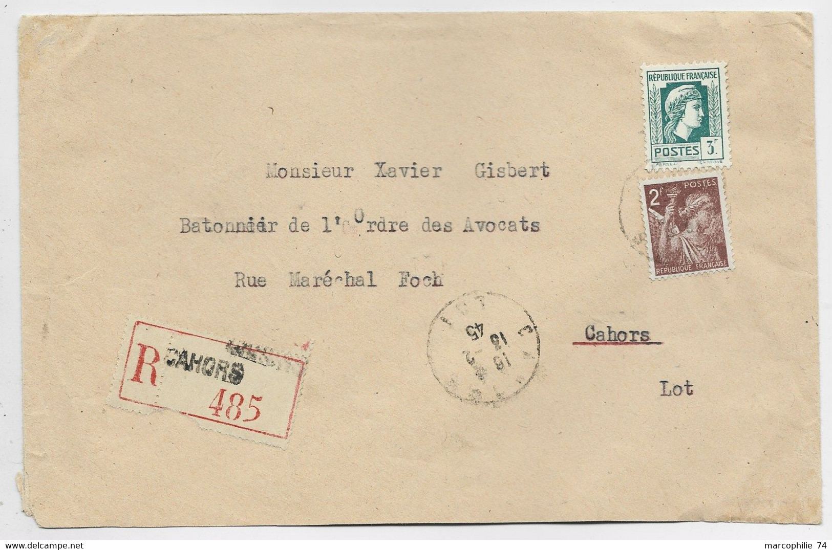 N° 642 +653 LETTRE REC CAHORS 13.2.1945 AU TARIF 2EME - 1944 Coq Et Maríanne D'Alger