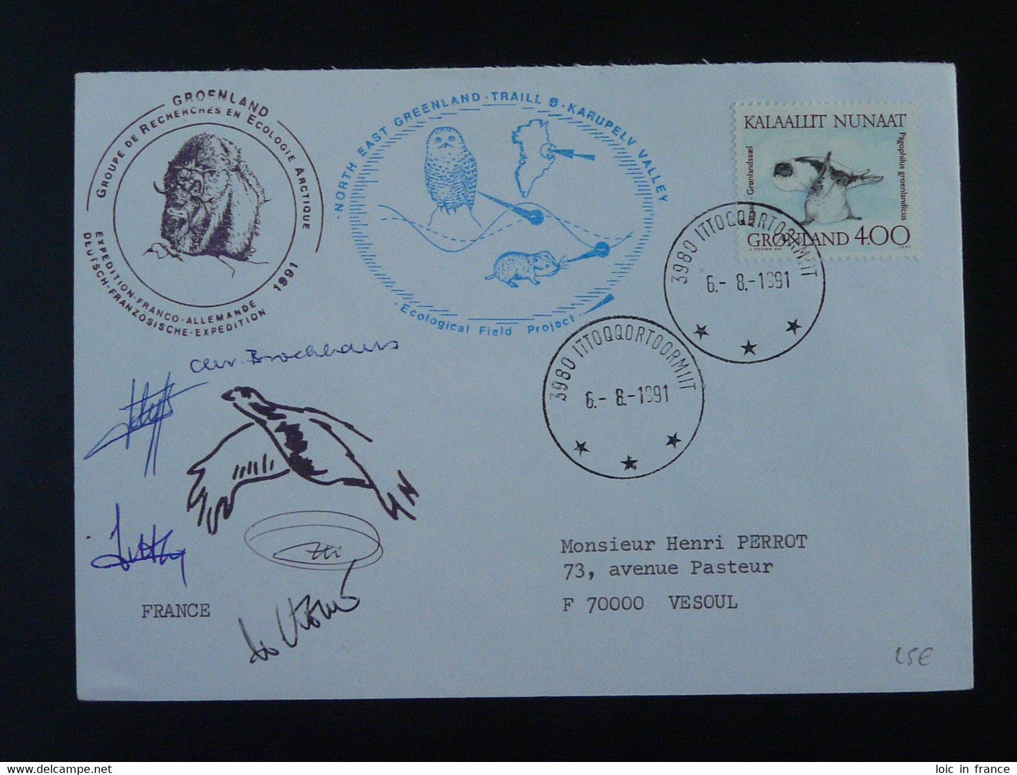 Lettre Signée Signed Cover Expédition Polaire Franco Allemande Groenland Greenland 1991 (ex 2) - Faune Arctique