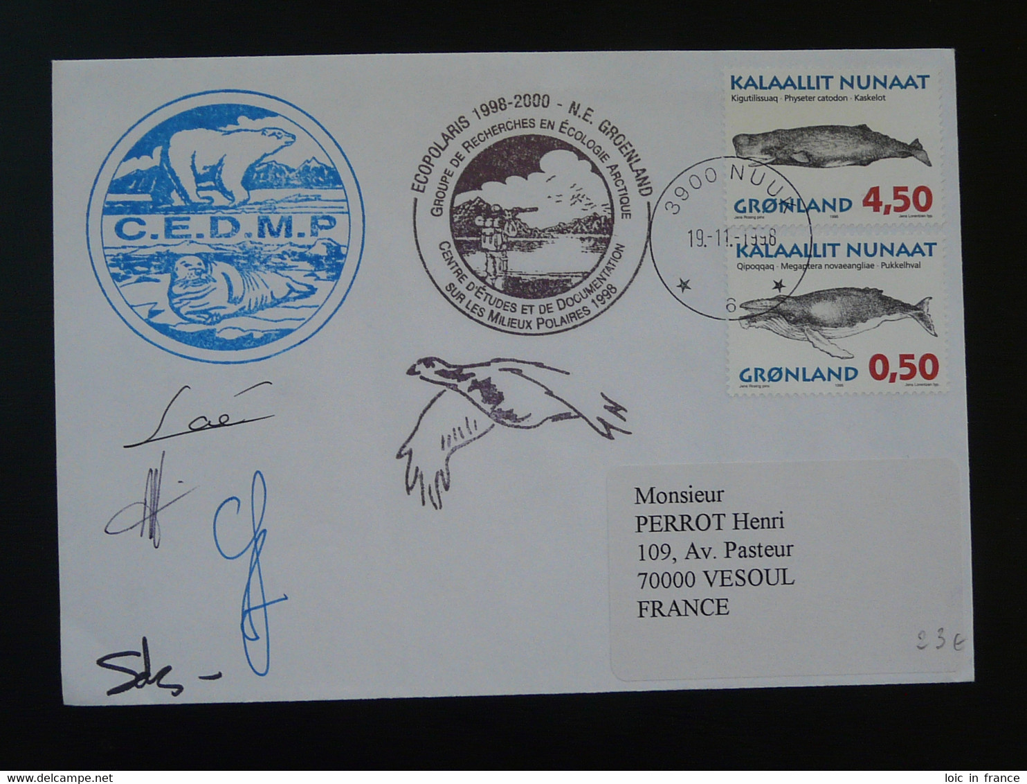 Lettre Signée Signed Cover Expédition Polaire écologie Arctique Ecopolaris Groenland Greenland 1998 - Fauna ártica