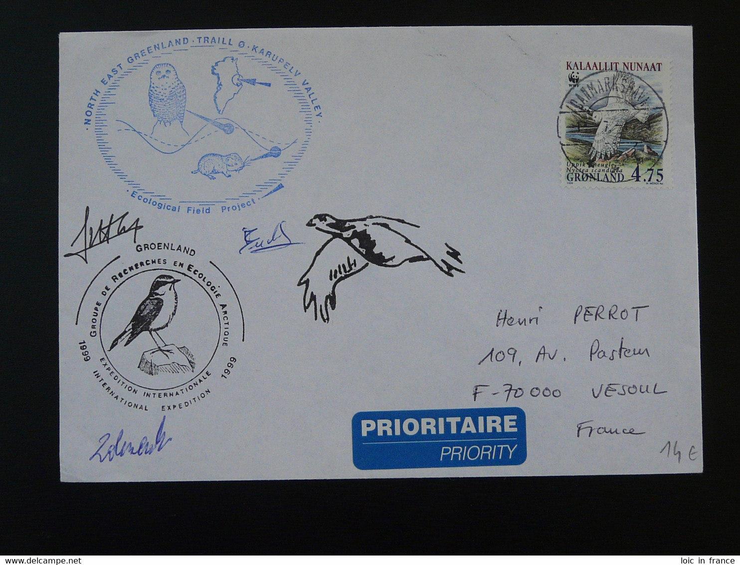 Lettre Signée Signed Cover Expédition Polaire écologie Arctique Oiseau Bird WWF Groenland Greenland 1999 - Faune Arctique