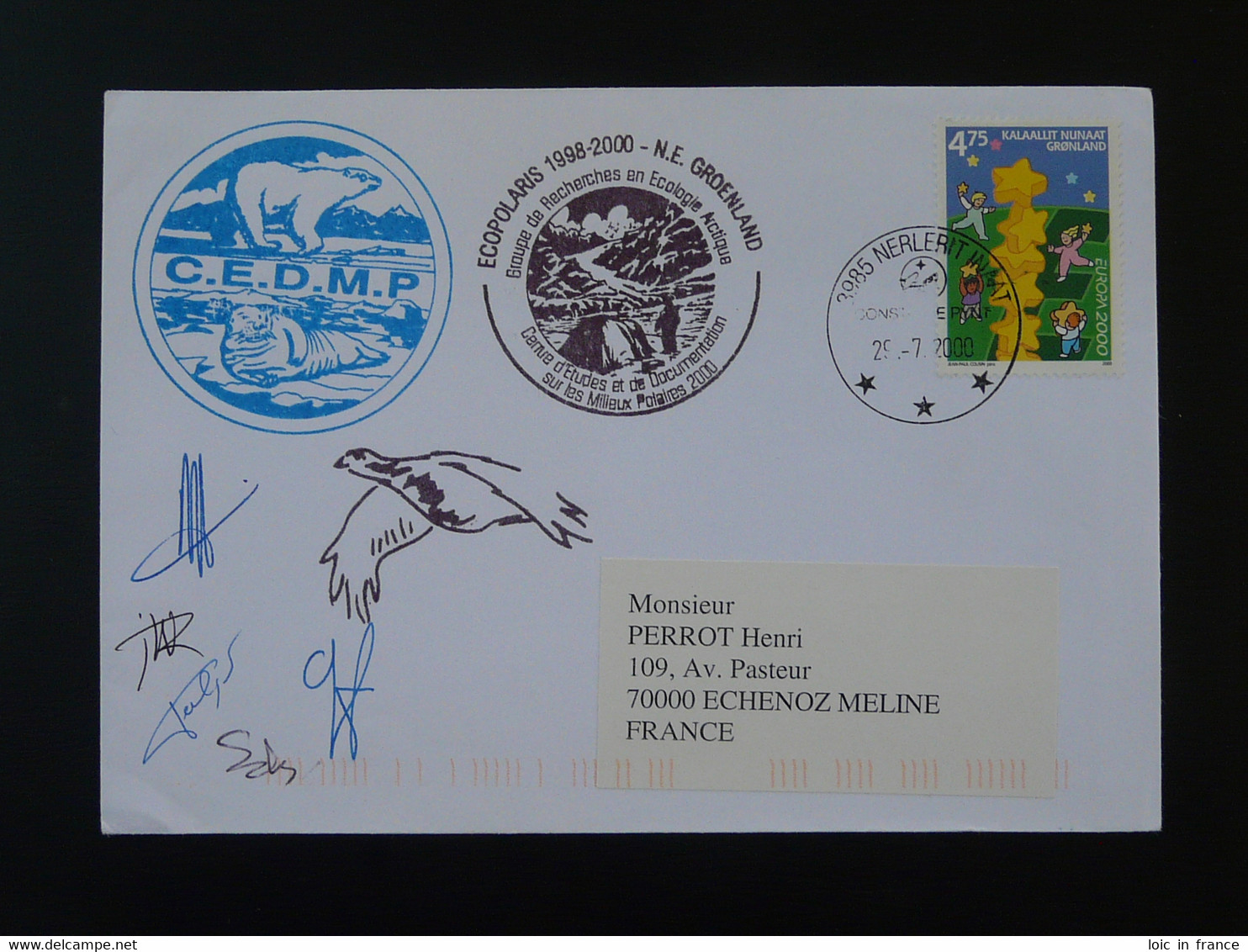 Lettre Signée Signed Cover Expédition Polaire Ecopolaris écologie Arctique Groenland Greenland Europa 2000 - Brieven En Documenten