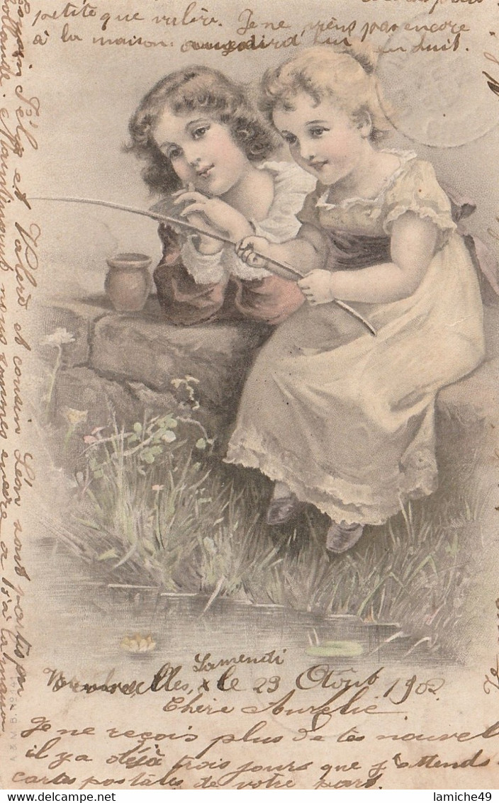 Carte Fantaisie 1902 Belgique  Deux Enfants à La Pêche Timbre Belgie 5c - Verzamelingen & Kavels