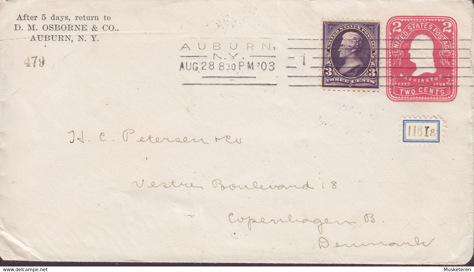 United States Uprated Postal Stationery Ganzsache PRIVATE Print D. M. OSBORNE & Co., AUBURN 1903 KJØBENHAVN B. (Arr.) De - 1901-20