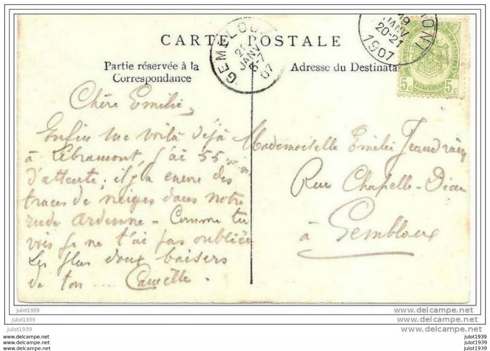 GEMBLOUX ..-- LIBRAMONT ..-- OLDTIMER . Hôtel Duroy .1907 Vers GEMBLOUX ( Melle Emilie JEANDRAIN ) . Voir Verso . - Gembloux