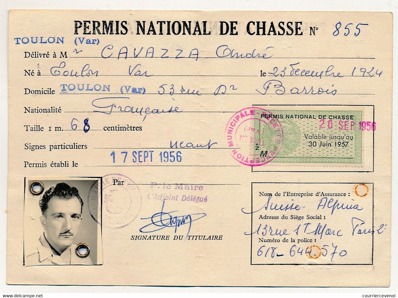 FRANCE - Permis National De Chasse - Fiscal (valable Jusqu'au 30 Juin 1957) - Autres & Non Classés