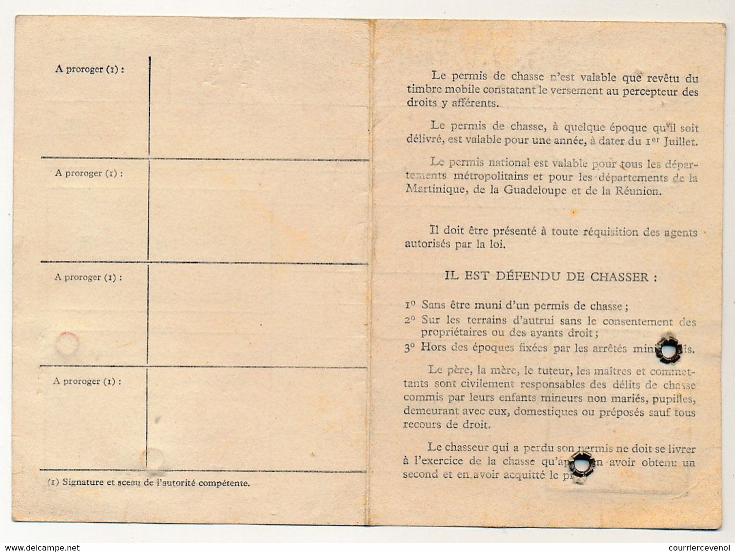 FRANCE - Permis National De Chasse - Fiscal (valable Jusqu'au 30 Juin 1957) - Altri & Non Classificati