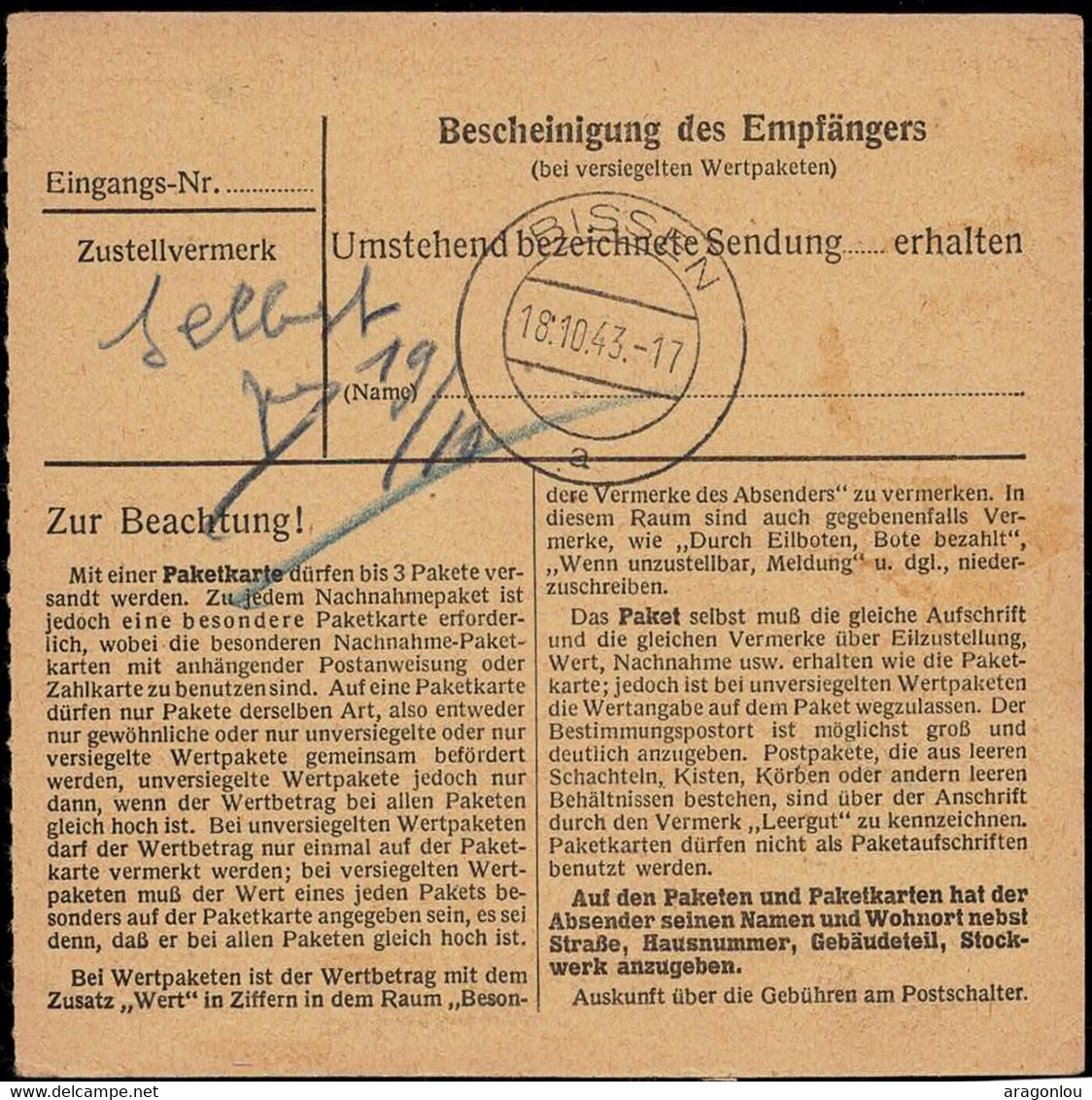 Luxembourg Luxemburg 1943 Carte Paquets / Paketkarte Bonneweg Nach Bissen / 2 Scans - Besetzungen