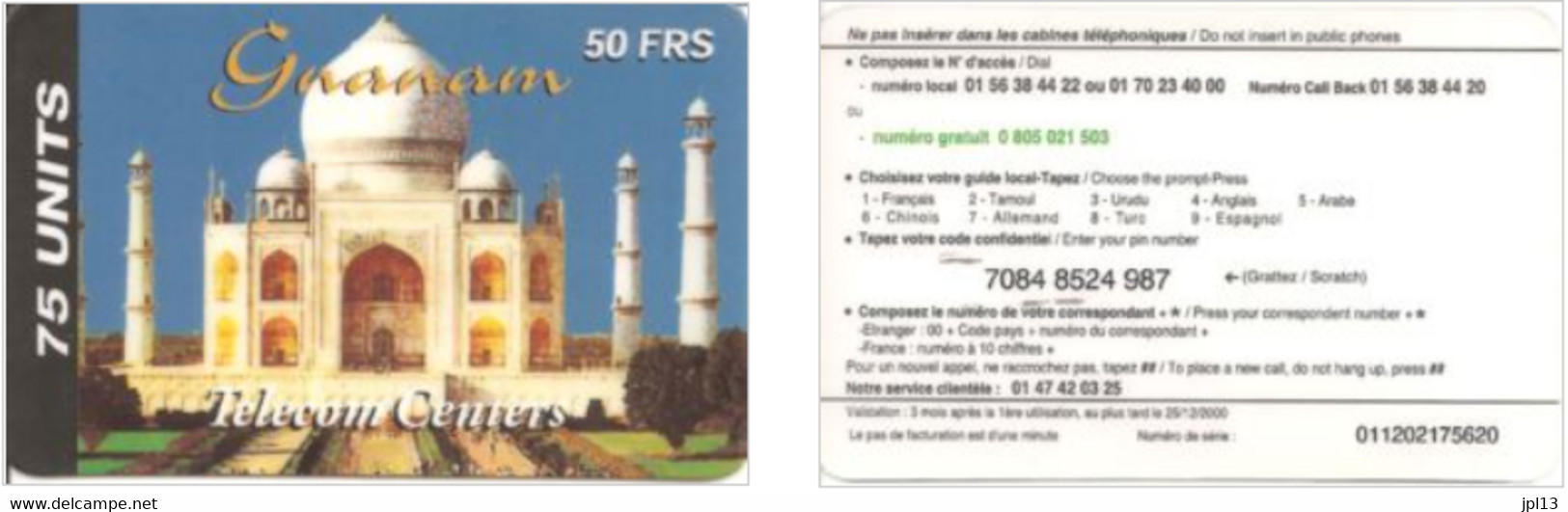 Carte Prépayée - France - Gnanam Telecom Centers - Taj Mahal - Bande Noire 75 Units - 50 FRS, Exp.25/12/2000 - Other & Unclassified