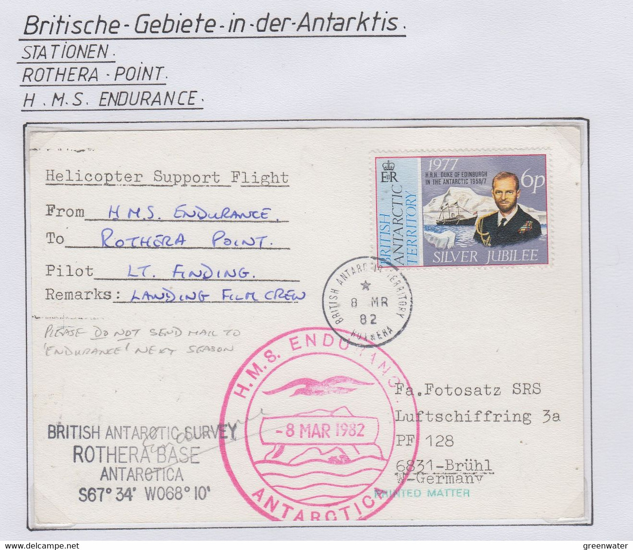 British Antarctic Territory (BAT) 1982 Postcard Heli Flight HMS Endurance  Ca HMS Endurance Ca Rothera 8 MR 1982 (RH182) - Covers & Documents