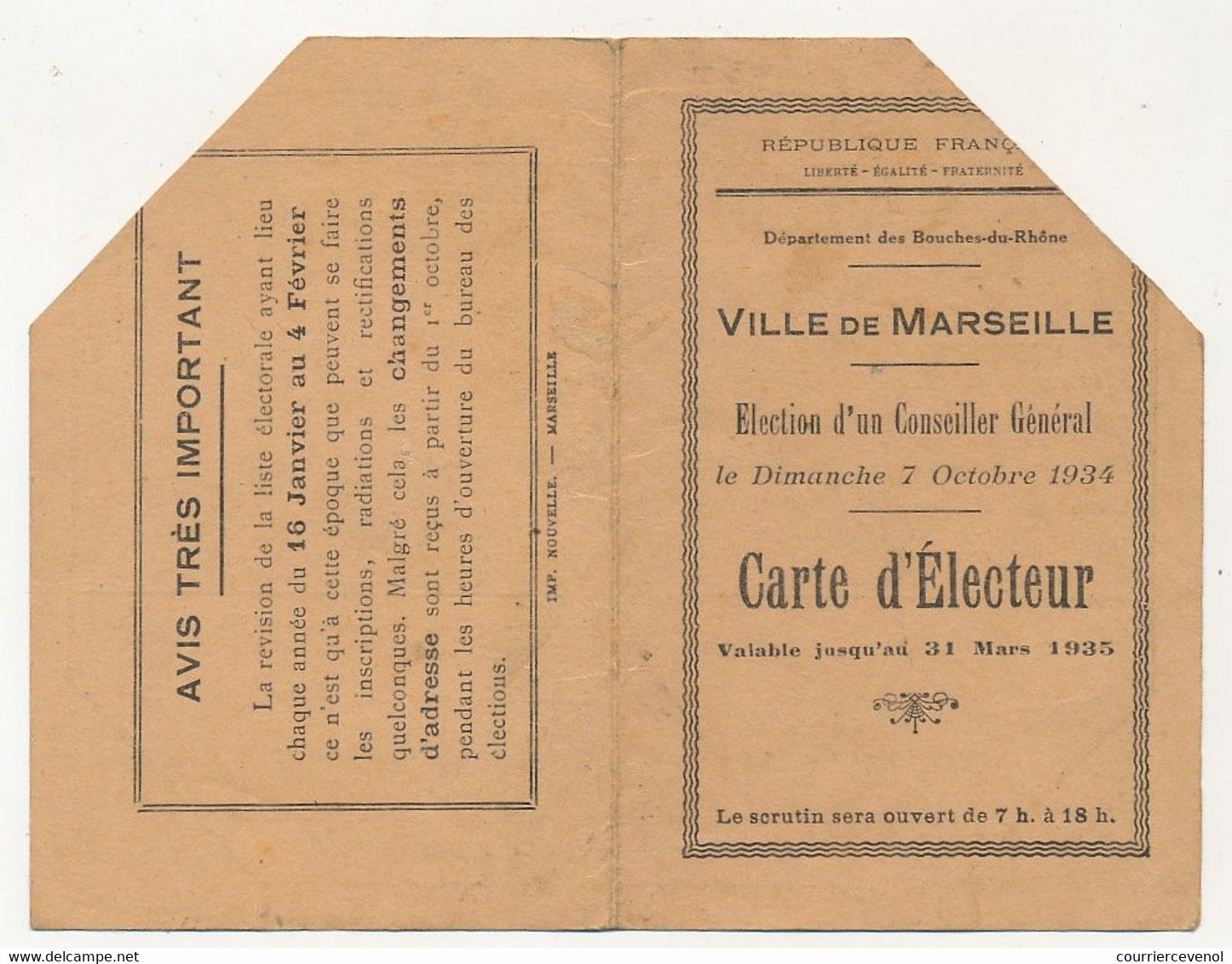 FRANCE - MARSEILLE - Carte D'électeur / Election Conseiller Général - 7 Octobre 1934 - Documentos Históricos