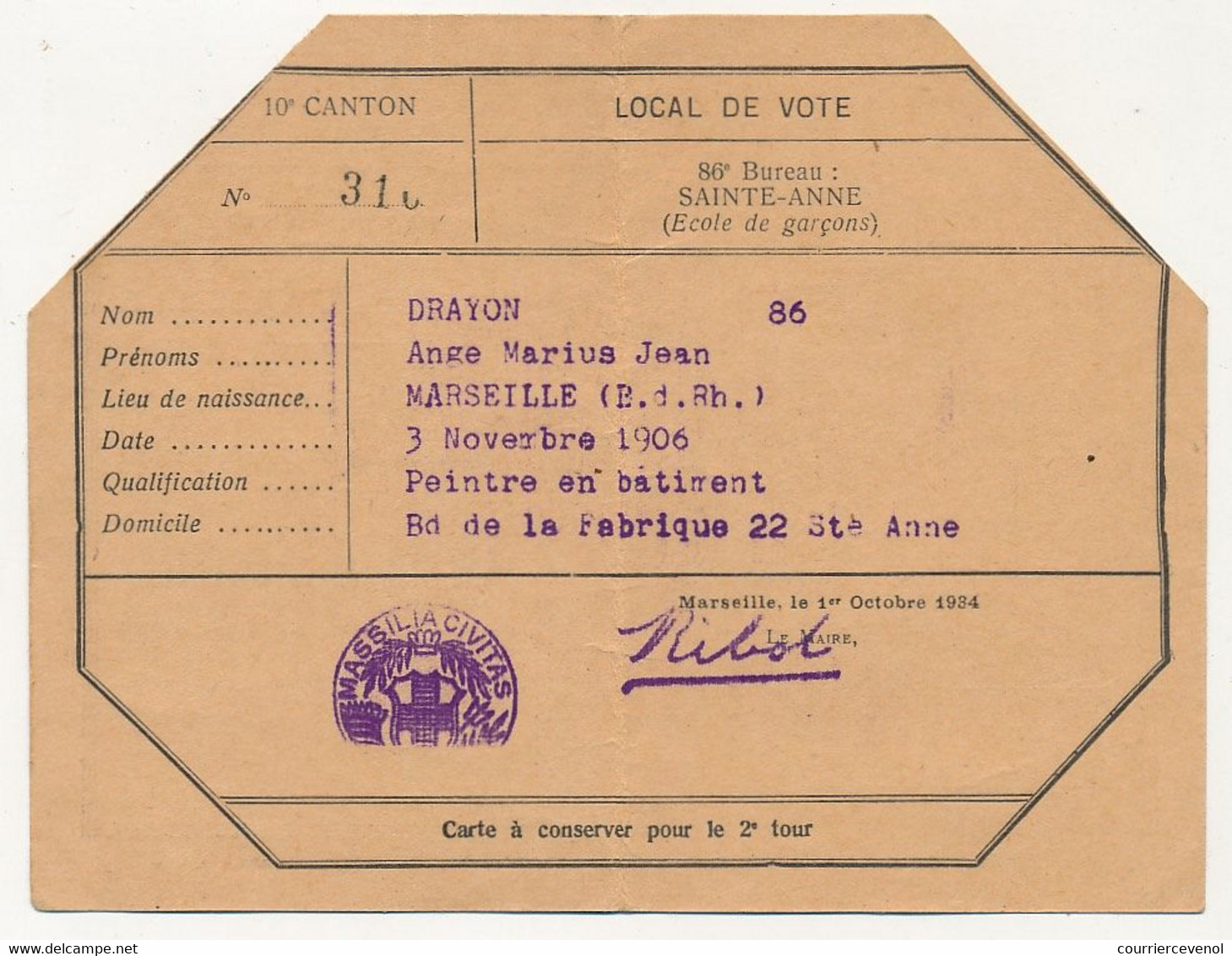 FRANCE - MARSEILLE - Carte D'électeur / Election Conseiller Général - 7 Octobre 1934 - Documentos Históricos