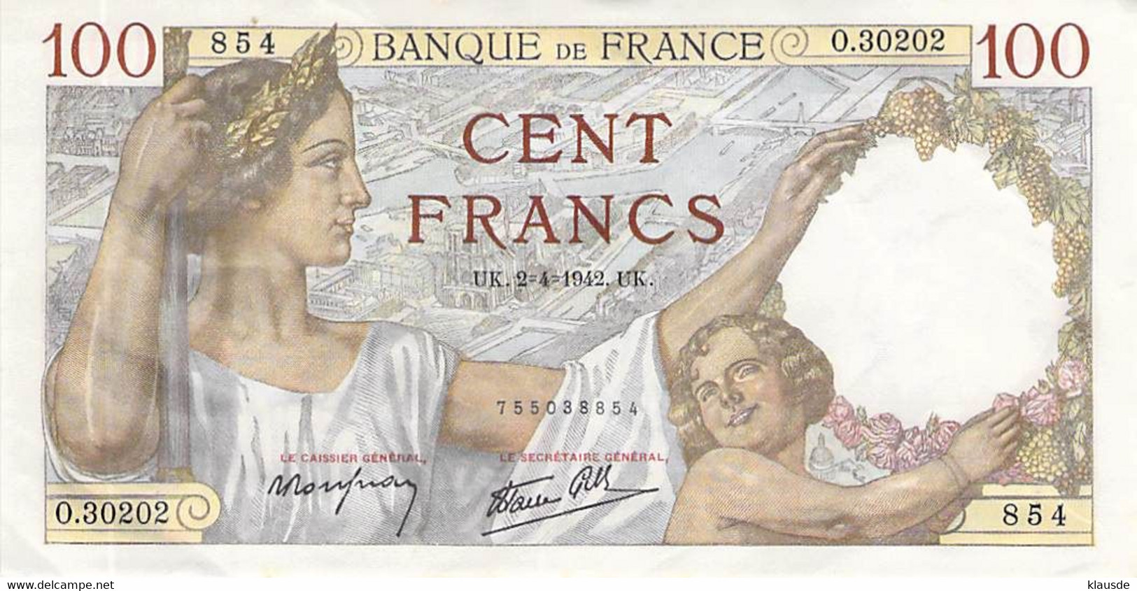 FRANKREICH 100 Francs SULLY 1942 UNC AU/EF (II.) - 100 F 1939-1942 ''Sully''