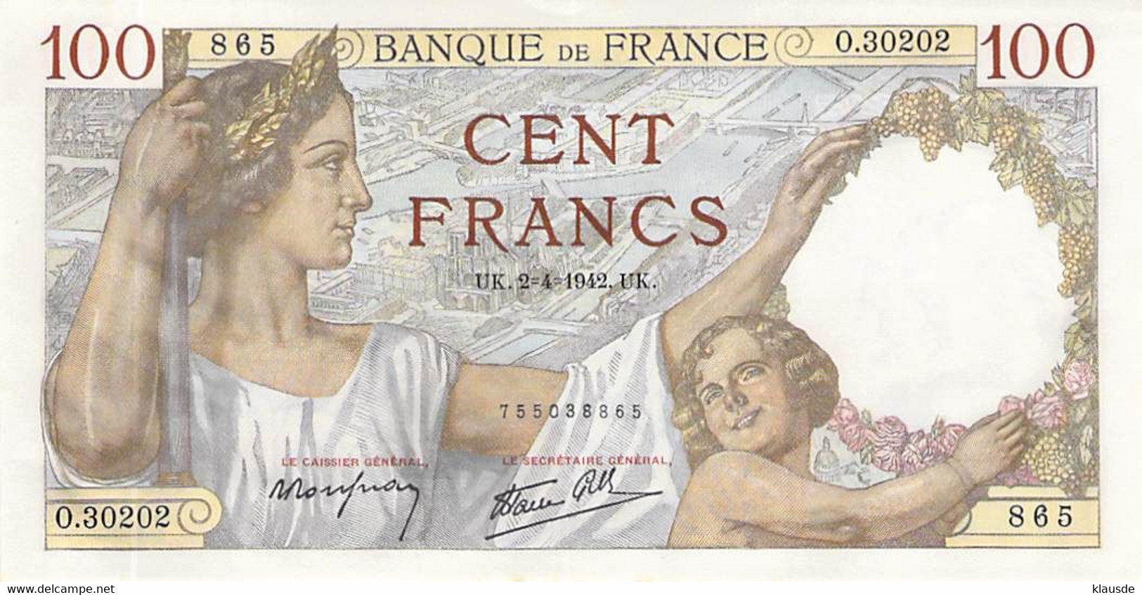 FRANKREICH 100 Francs SULLY 1942 UNC AU/EF (II.) 2 Scheine - 100 F 1939-1942 ''Sully''