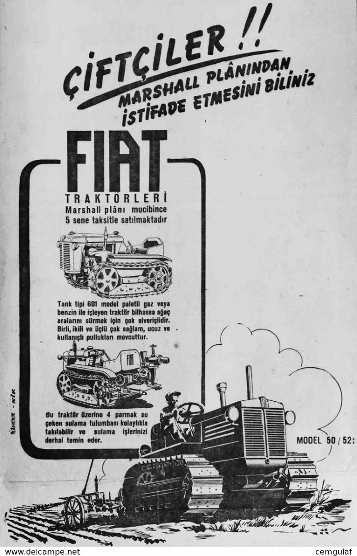 Tractors ADVERTISING; Fiat "FARMERS! BENEFIT FROM MARSHALL HELP." 1950 - Tractors