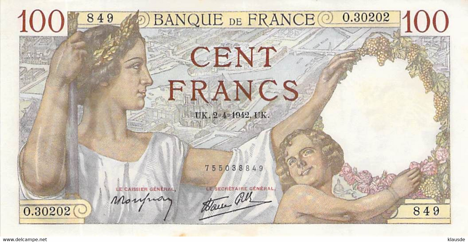 FRANKREICH 100 Francs SULLY 1942 UNC AU/EF (II.) 3 Scheine - 100 F 1939-1942 ''Sully''