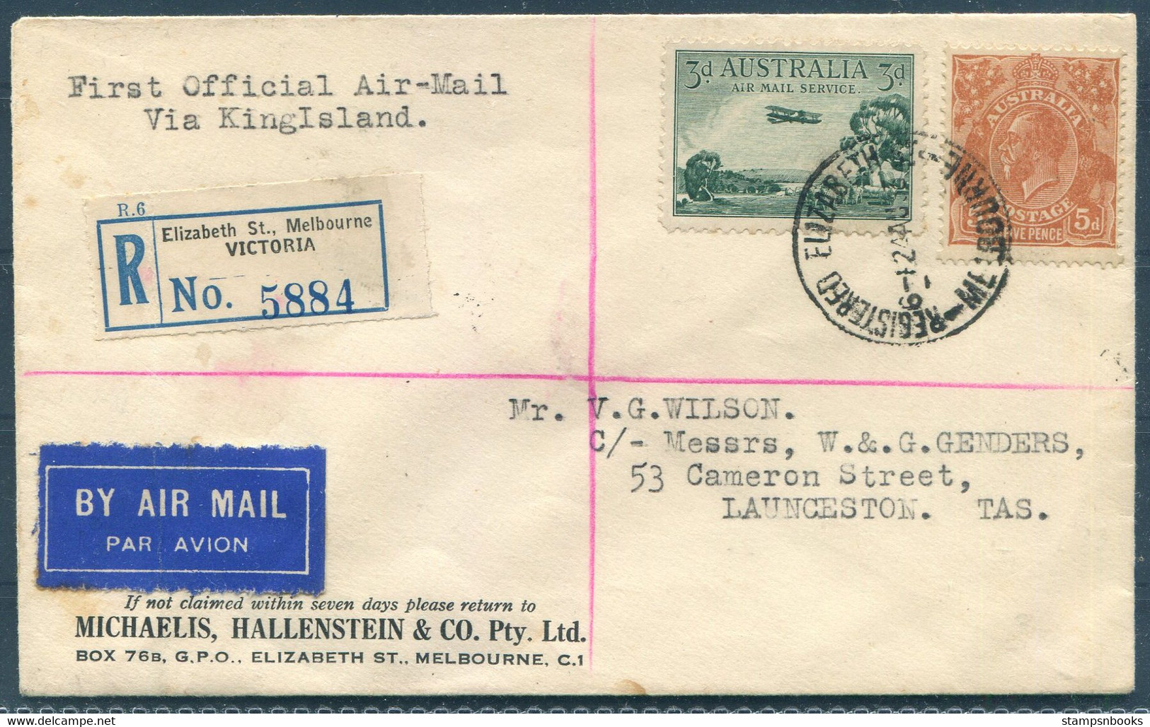 1933 Australia Melbourne - Launceston First Flight Cover. Elizabeth Street Registered - Erst- U. Sonderflugbriefe