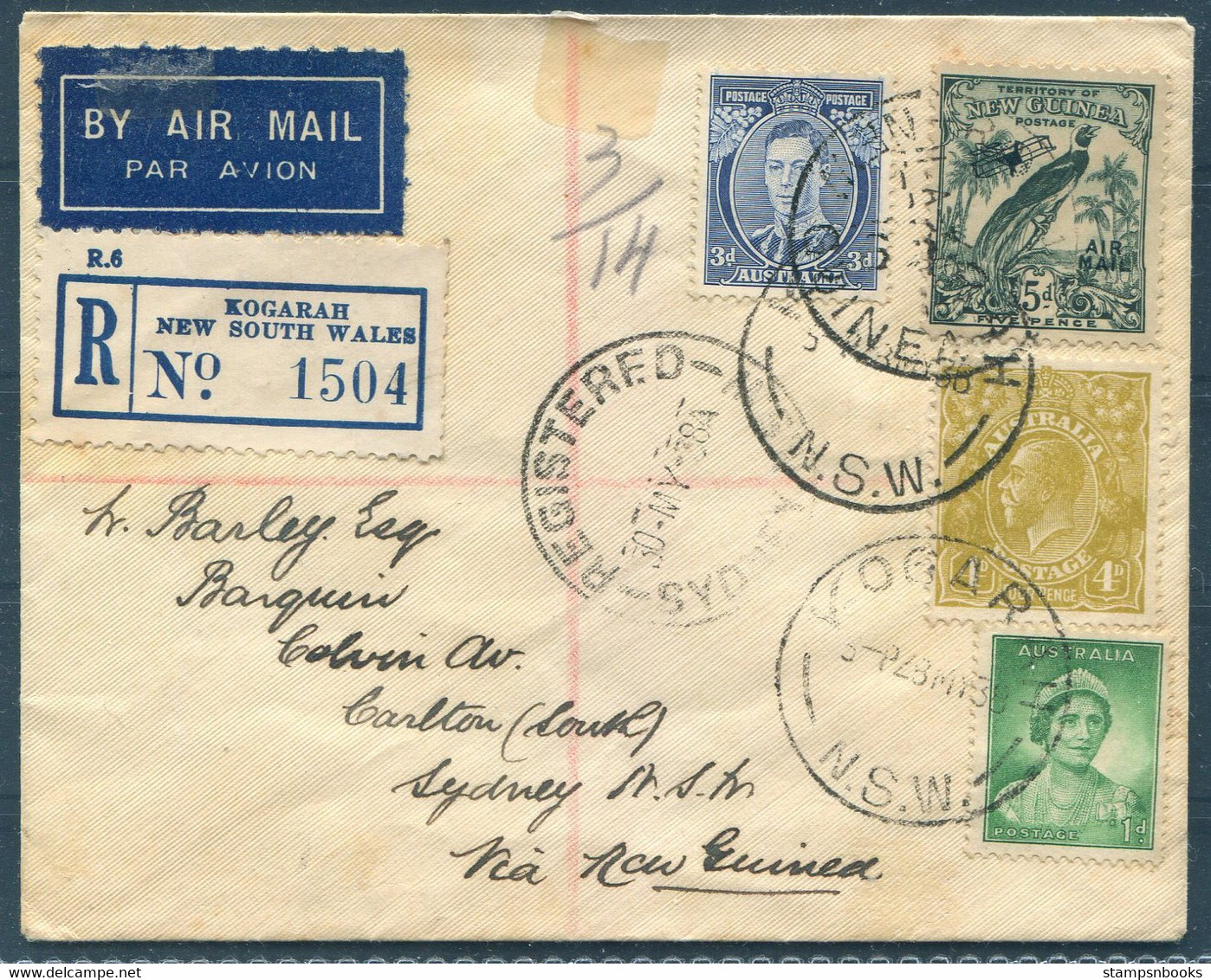 1938 Australia Kogarth Registered, Sydney - Rabaul New Guinea - Sydney First Flight Cover - First Flight Covers